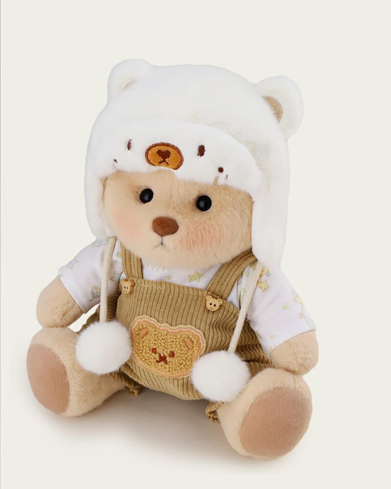 White Mink Hat Brown Overalls Bear | Handmade Jointed Teddy Bear Gift