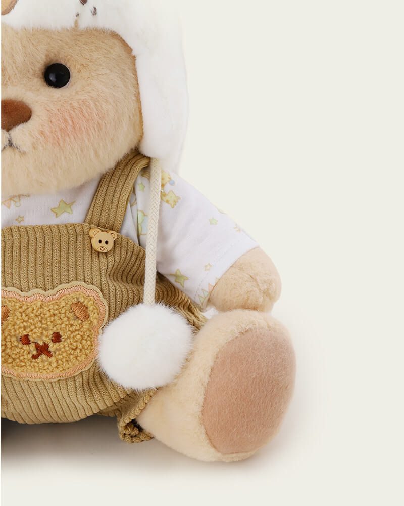 White Mink Hat Brown Overalls Bear | Handmade Jointed Teddy Bear Gift