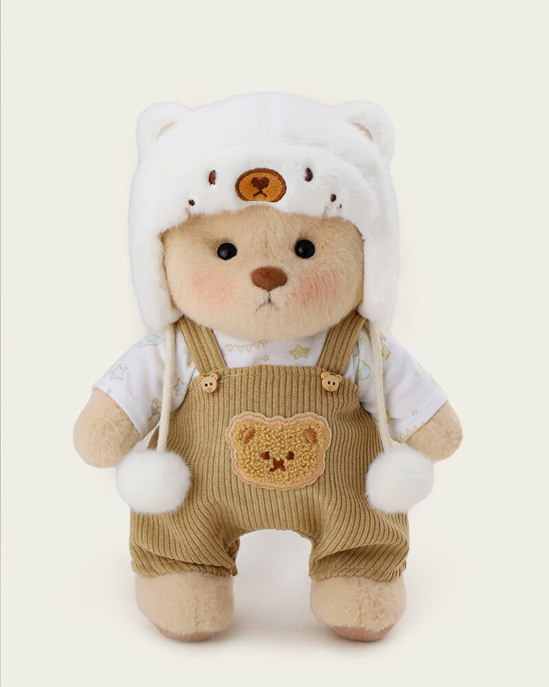 White Mink Hat Brown Overalls Bear | Handmade Jointed Teddy Bear Gift