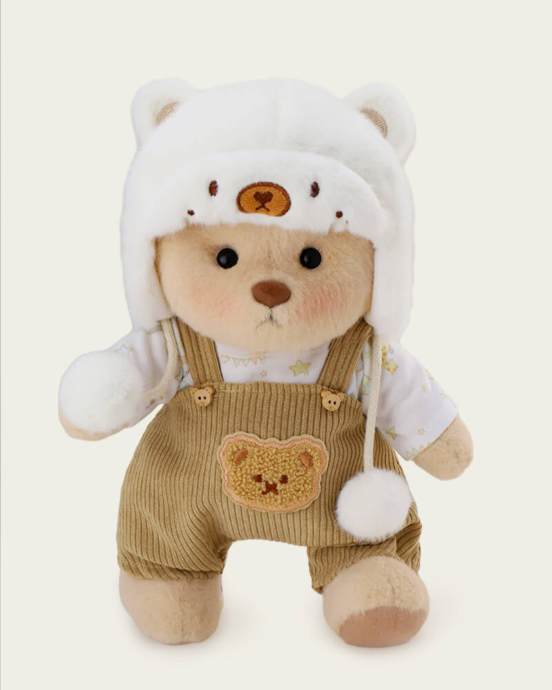 White Mink Hat Brown Overalls Bear | Handmade Jointed Teddy Bear Gift