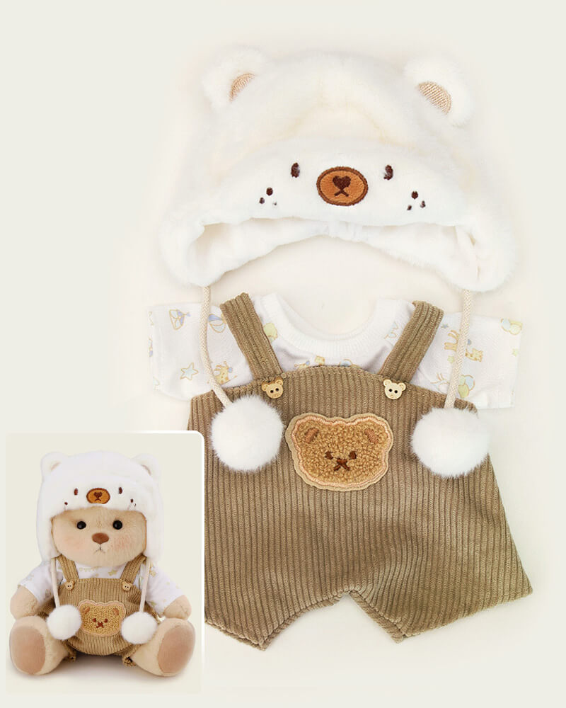 White Mink Hat Brown Overalls Bear | Handmade Jointed Teddy Bear Gift