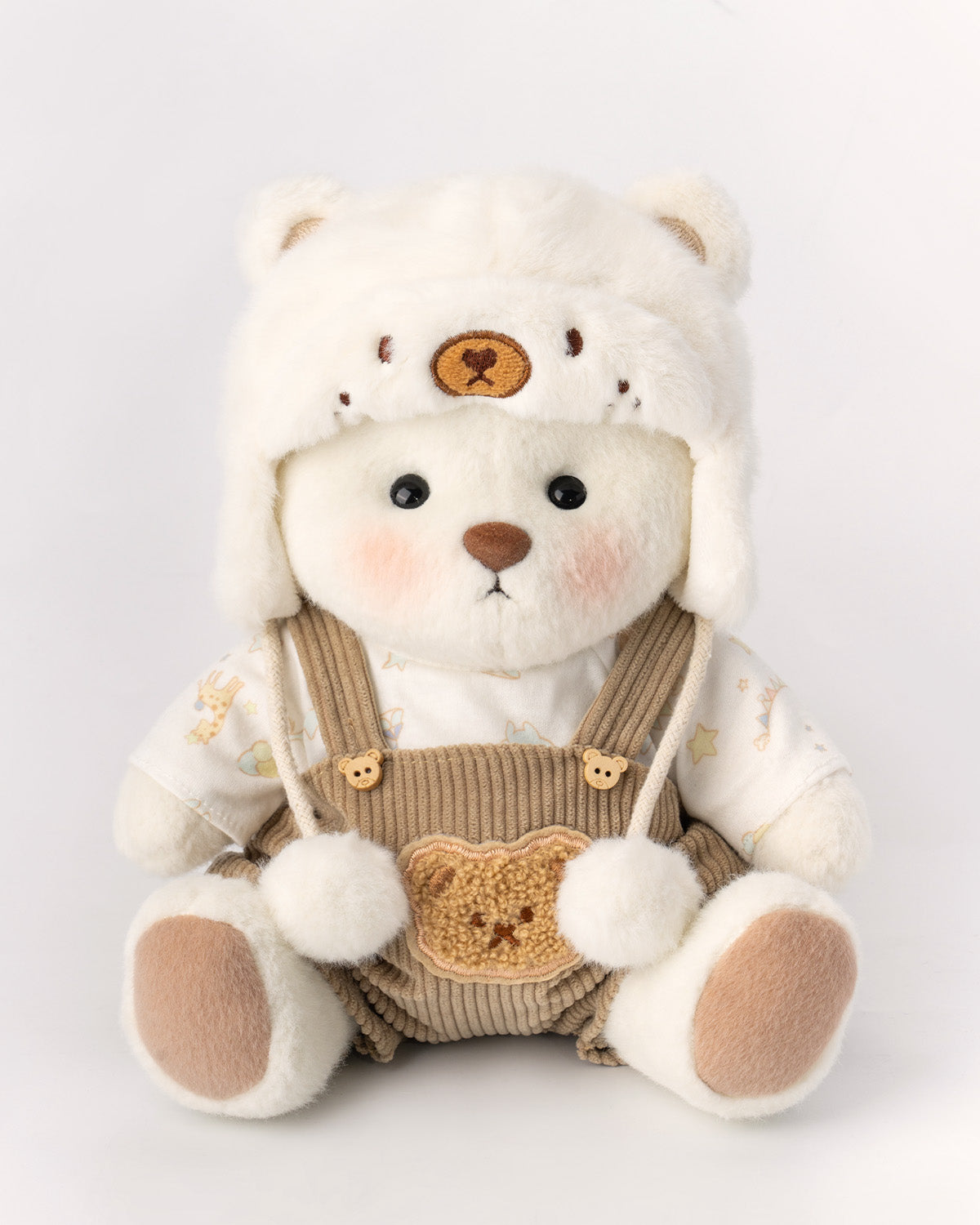 White Mink Hat Brown Overalls Bear | Handmade Jointed Teddy Bear Gift