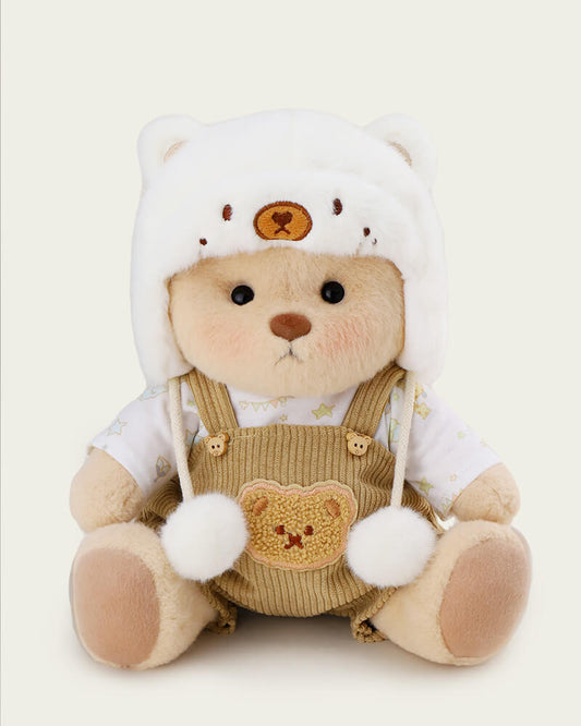 White Mink Hat Brown Overalls Bear | Handmade Jointed Teddy Bear Gift